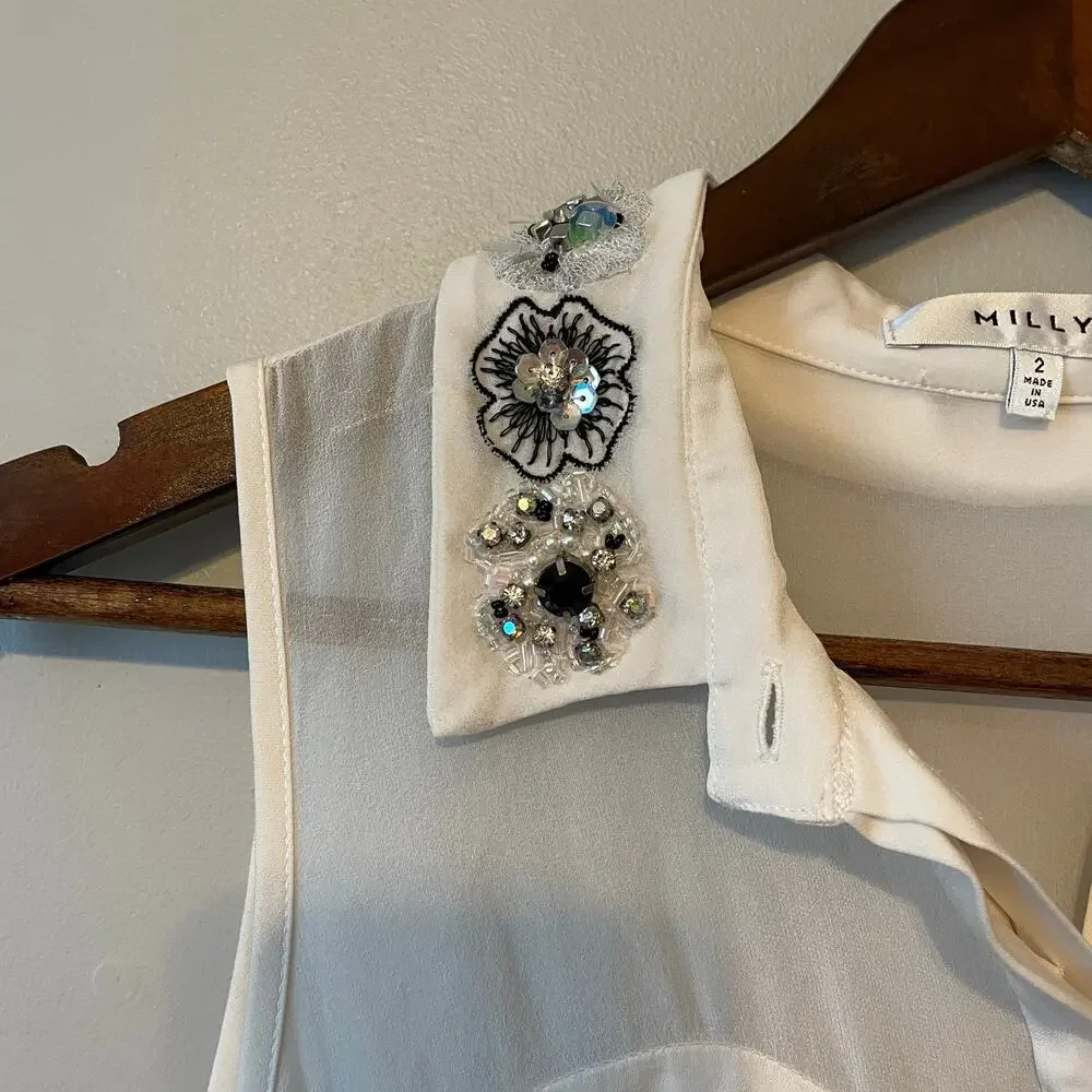 Milly Jane Silk Crepe Sleeveless Blouse cream embellished collar sz 2 - Picture 6 of 15